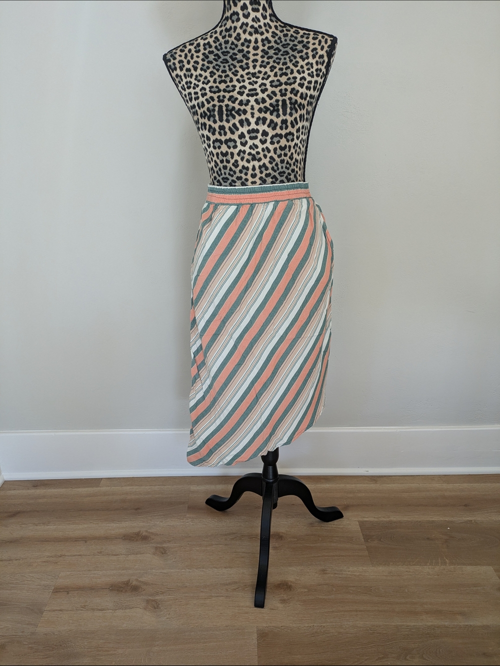 Kavu Asymmetrical Striped Midi Skirt With Pockets in Coral, Sage & Cream